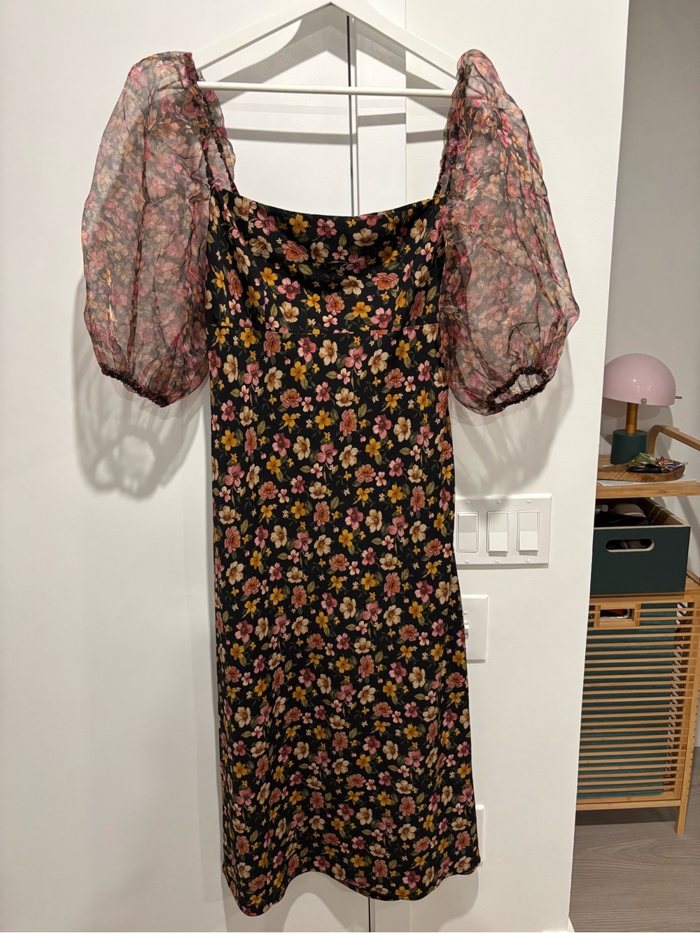 Topshop Black Midi Dress with Pink & Yellow Floral Print